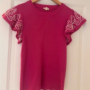 Chic Pink Embroidered Ruffle Sleeve Top